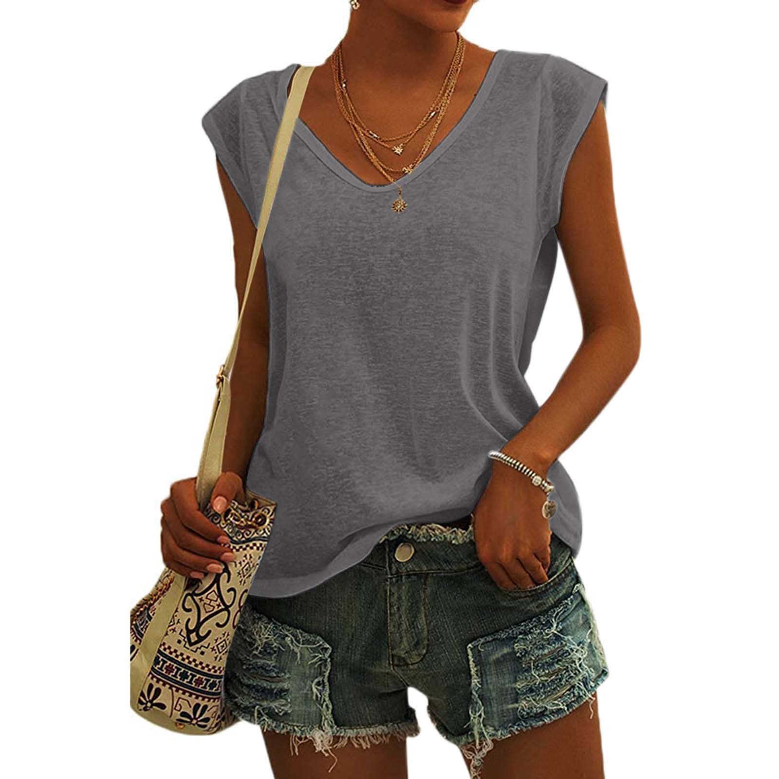 thumbnail image 2 of Camiseta básica de verano para mujer, holgada, con cuello en V y manga corta, sin mangas., 2 of 7